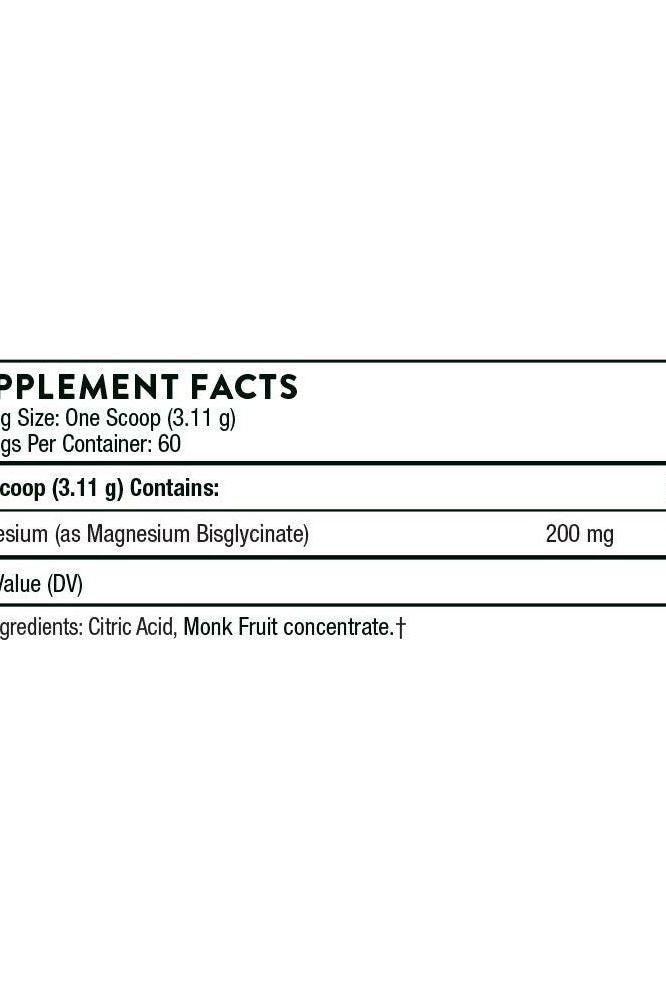 Supplement facts panel for Thorne Magnesium Bisglycinate showing dosage and ingredients information.