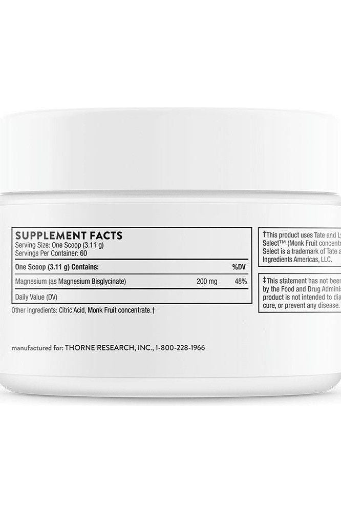 Supplement facts for Thorne Magnesium Bisglycinate highlighting magnesium content and serving size.