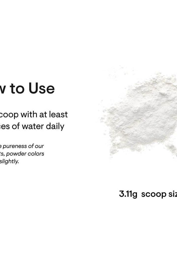 Instructions for using Magnesium Bisglycinate with a 3.11g scoop size, showing powder texture.