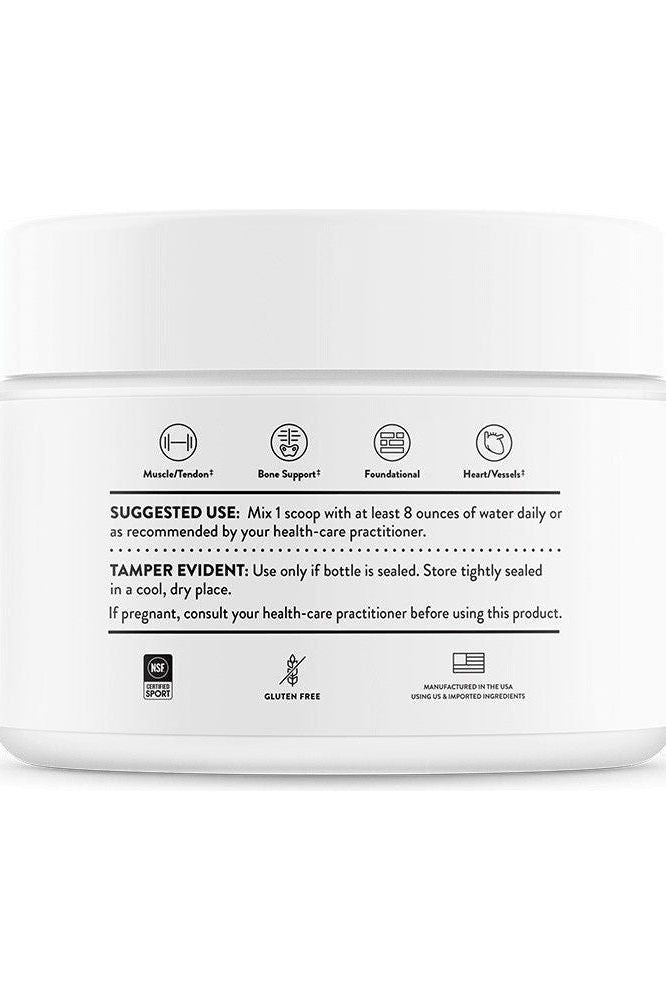 Thorne Magnesium Bisglycinate powder container with suggested use and benefits for muscle, bone, and heart health.