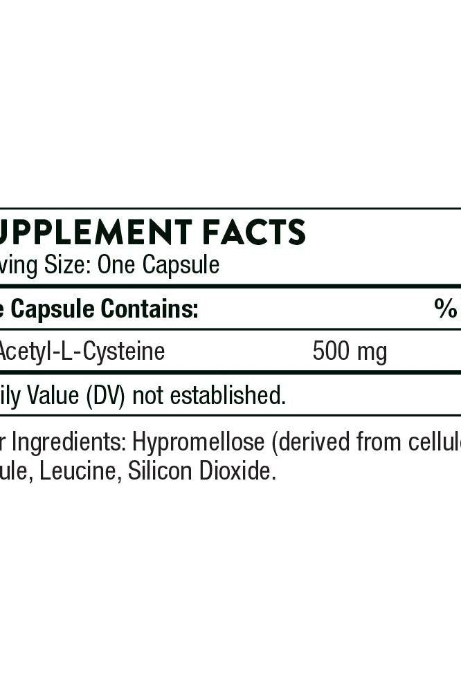 Thorne NAC supplement facts table showing N-Acetylcysteine dosage and ingredients.