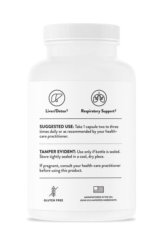 Thorne NAC supplement bottle, back view, highlighting liver detox and respiratory support instructions.