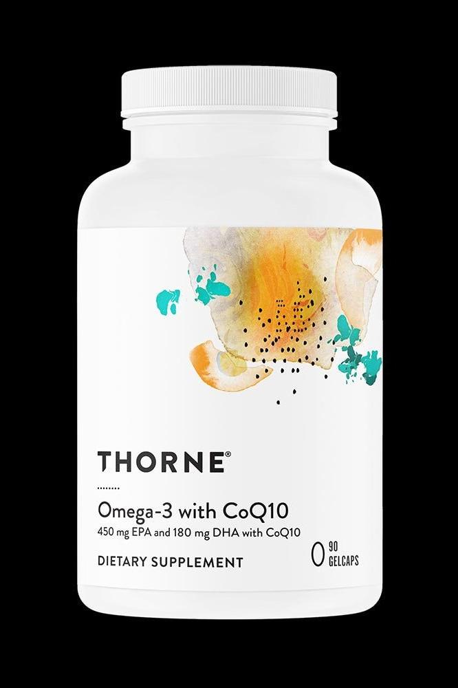 Thorne Omega-3 with CoQ10 supplement bottle, 90 gel caps for heart health and cognitive support.