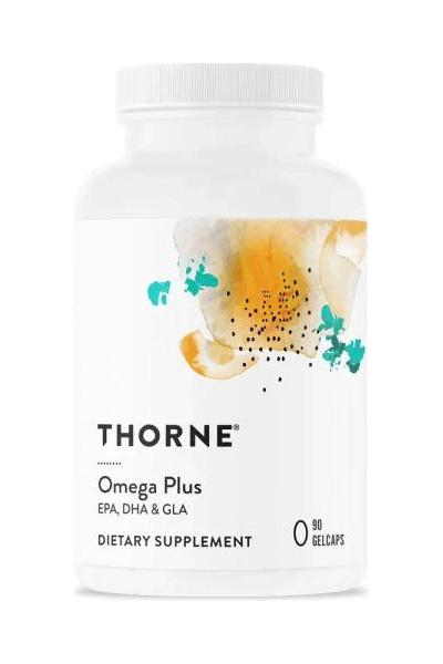 Thorne Omega Plus EPA, DHA & GLA dietary supplement bottle for heart and brain health.