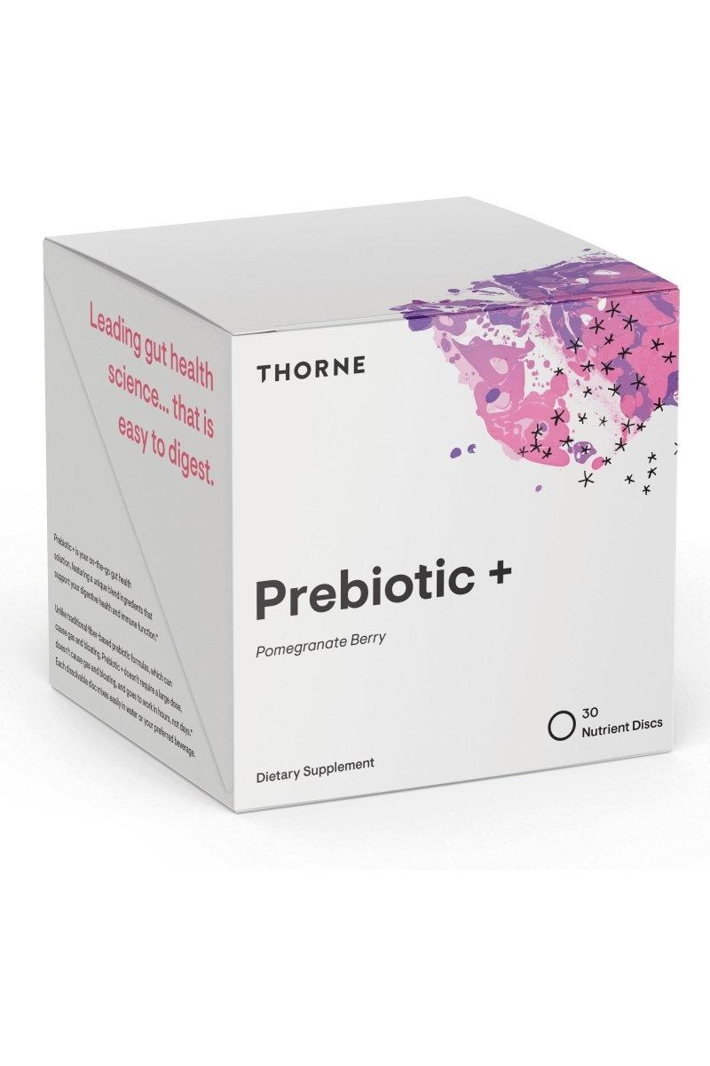 Thorne Prebiotic+ Pomegranate Berry dietary supplement box for gut health and digestion support.