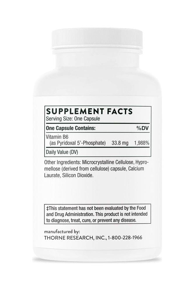 Thorne Pyridoxal 5'-Phosphate supplement facts label, highlighting Vitamin B6 content and daily values.