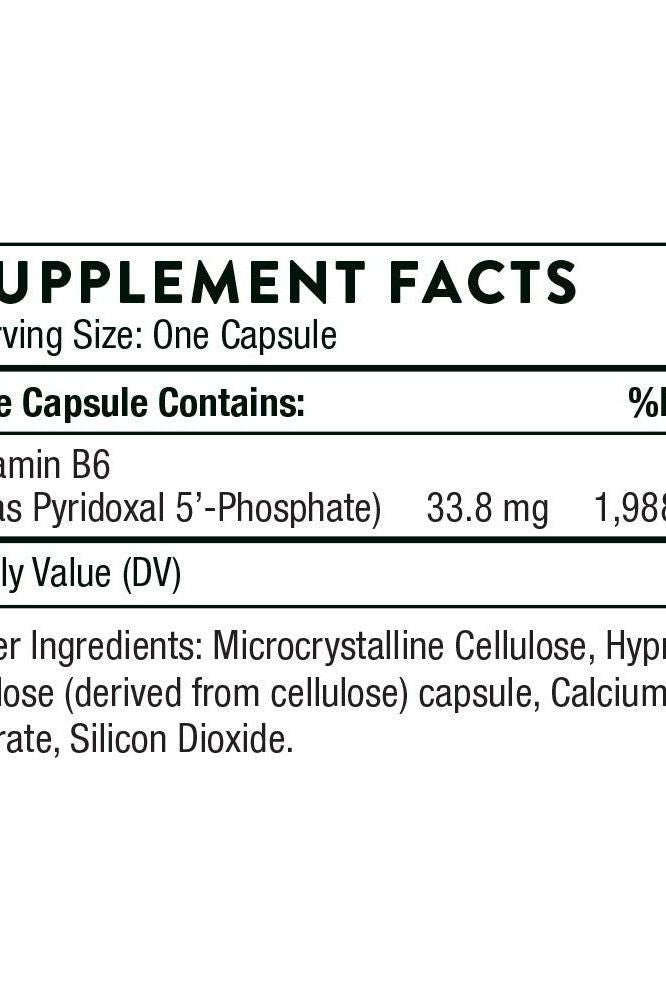 Supplement facts for Thorne Pyridoxal 5'-Phosphate, showcasing vitamin B6 and ingredients.