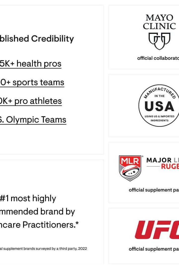Various logos and stats showcasing credibility of health brands and partnerships with sports teams.