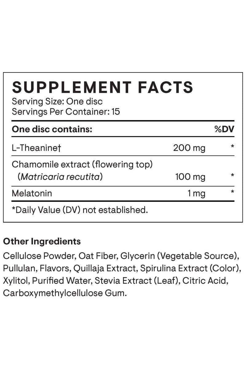 Supplement facts for Thorne Sleep +, highlighting ingredients like L-Theanine and Chamomile extract.