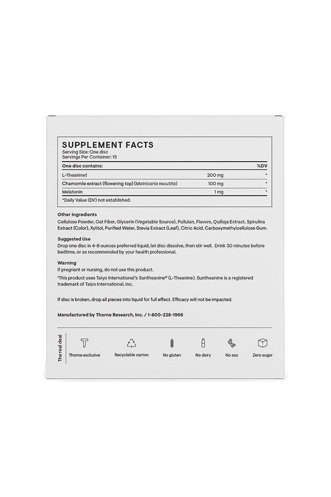Thorne - Sleep + supplement facts, ingredients, and serving information on product packaging.