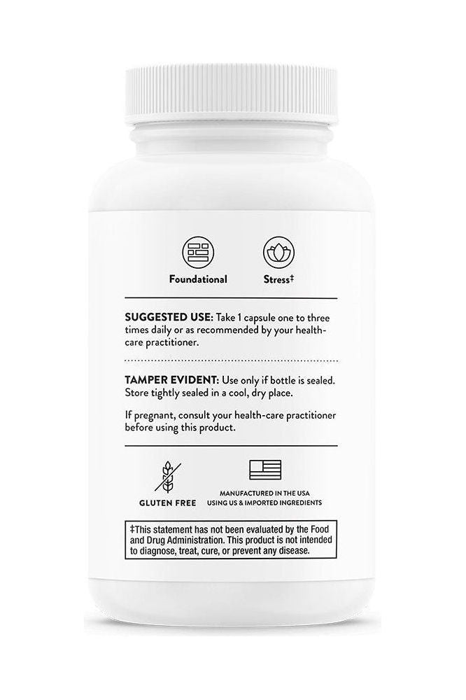 Back of Thorne Stress B-Complex bottle with suggested use and tamper evidence information.