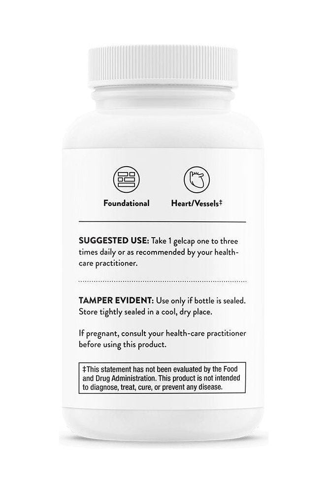 Thorne Ultimate-E supplement bottle with suggested use and health benefits details on label.