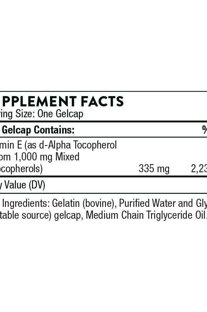 Thorne Ultimate-E supplement facts label showing vitamin E content and ingredients.