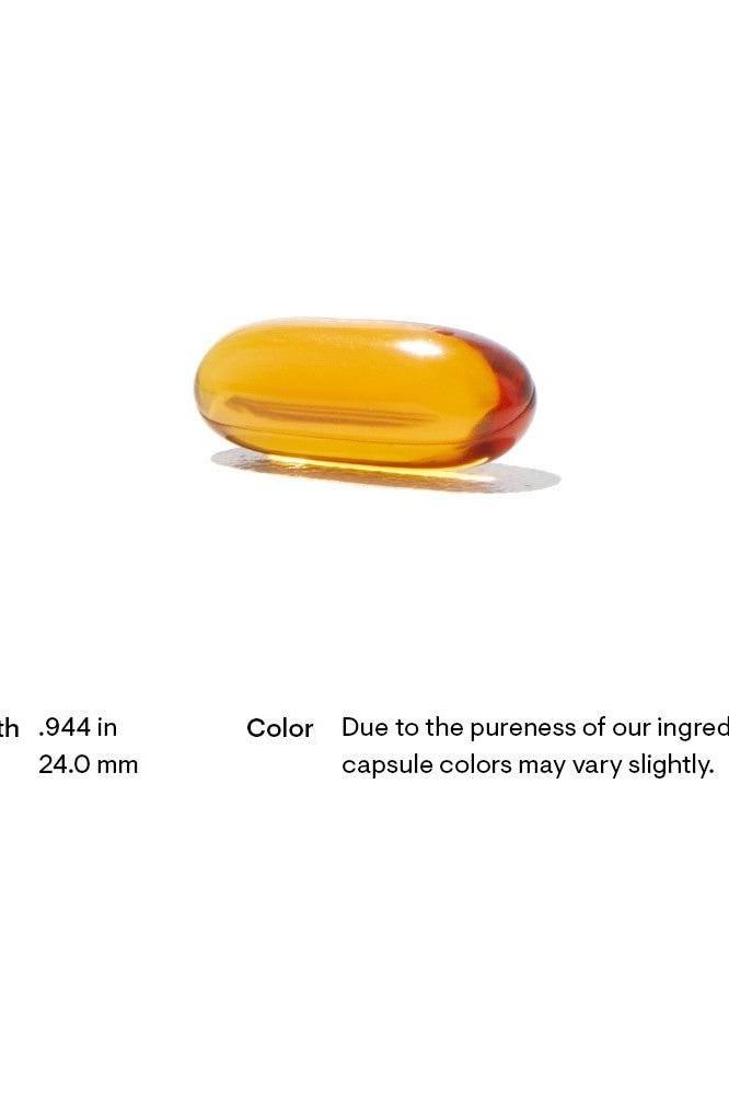 Thorne Ultimate-E softgel capsule, highlighting its rich orange color and size specifications.