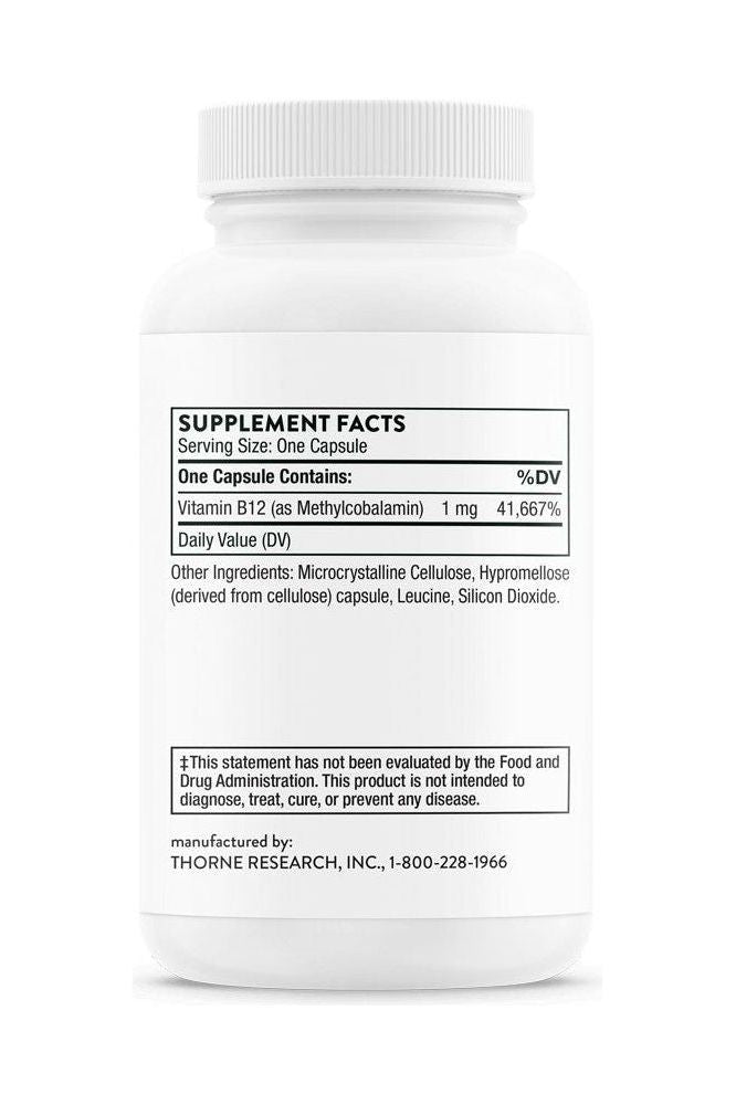 Thorne Vitamin B12 supplement facts label detailing ingredients and nutritional information.