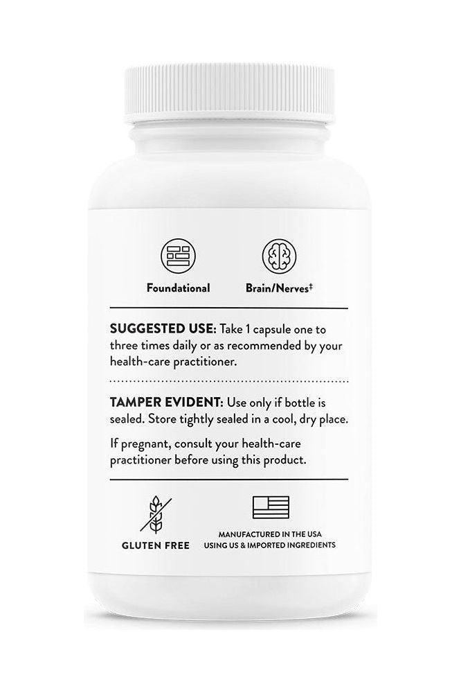 Thorne Vitamin B12 supplement bottle with usage instructions and gluten-free label.