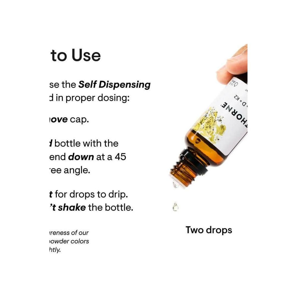Instructions for using Thorne Vitamin D + K2 liquid, showing bottle and dosing steps.