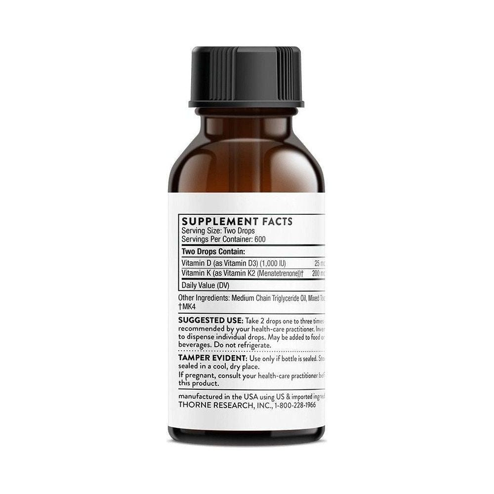 Thorne Vitamin D + K2 Liquid supplement facts label, highlighting vitamin D and K2 dosage information.