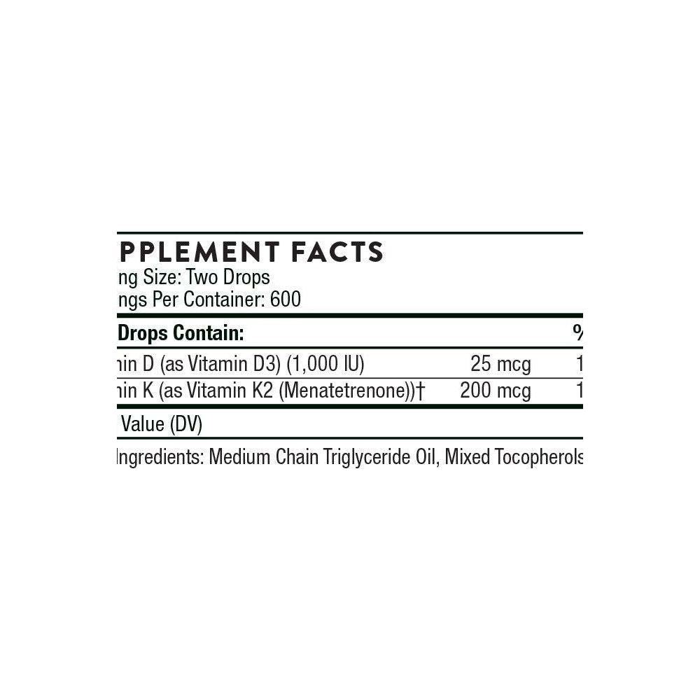 Supplement facts for Thorne Vitamin D + K2 Liquid, including dosage and ingredients.
