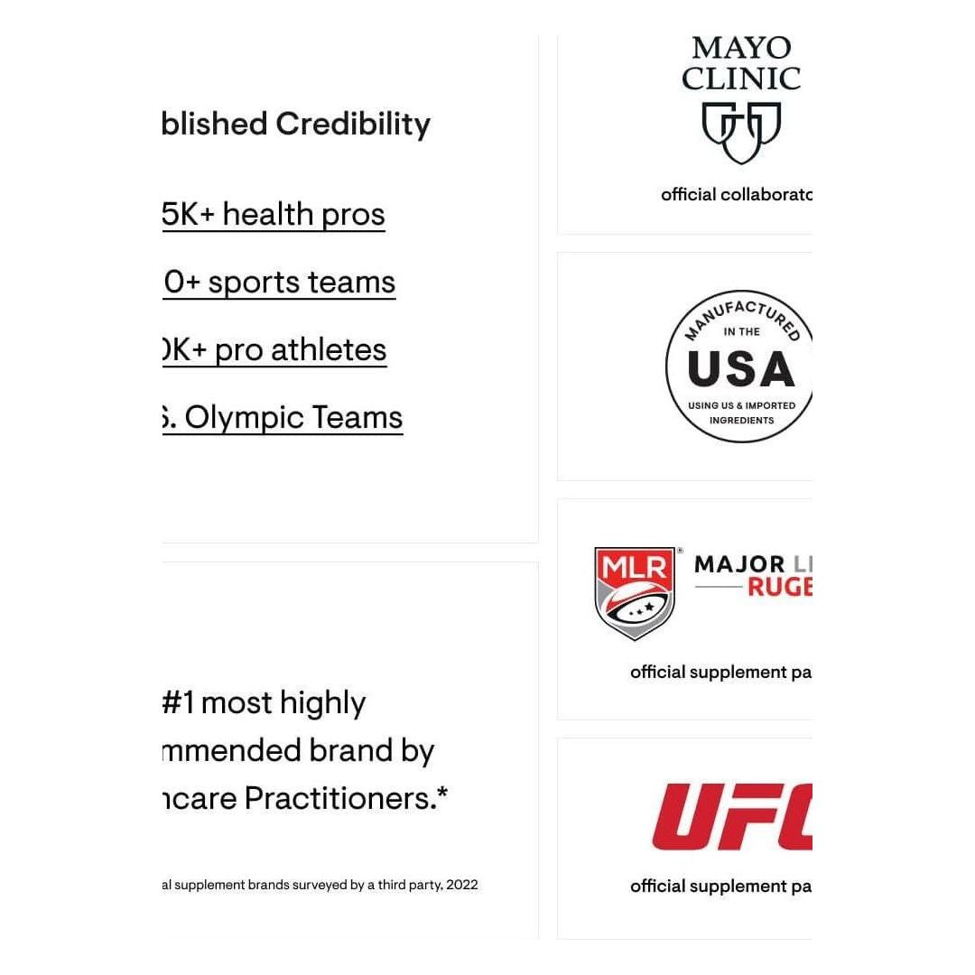 Collage of credibility logos for Thorne products, including Mayo Clinic, USA manufacturing, and sports partnerships.
