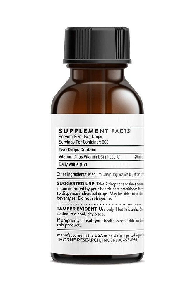 Thorne Vitamin D Liquid bottle showing supplement facts and suggested use for immune support and bone health.