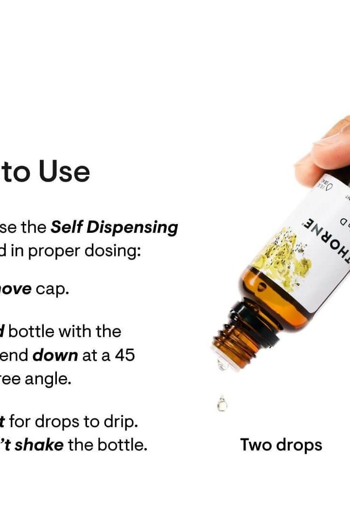 Instructions for using Vitamin D Liquid with a self-dispensing bottle showing two drops being dispensed.