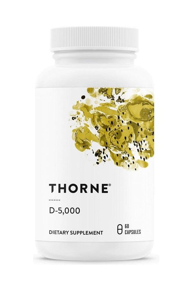 Thorne D-5000 Vitamin D dietary supplement bottle with 60 capsules, promoting immune health and bone strength.