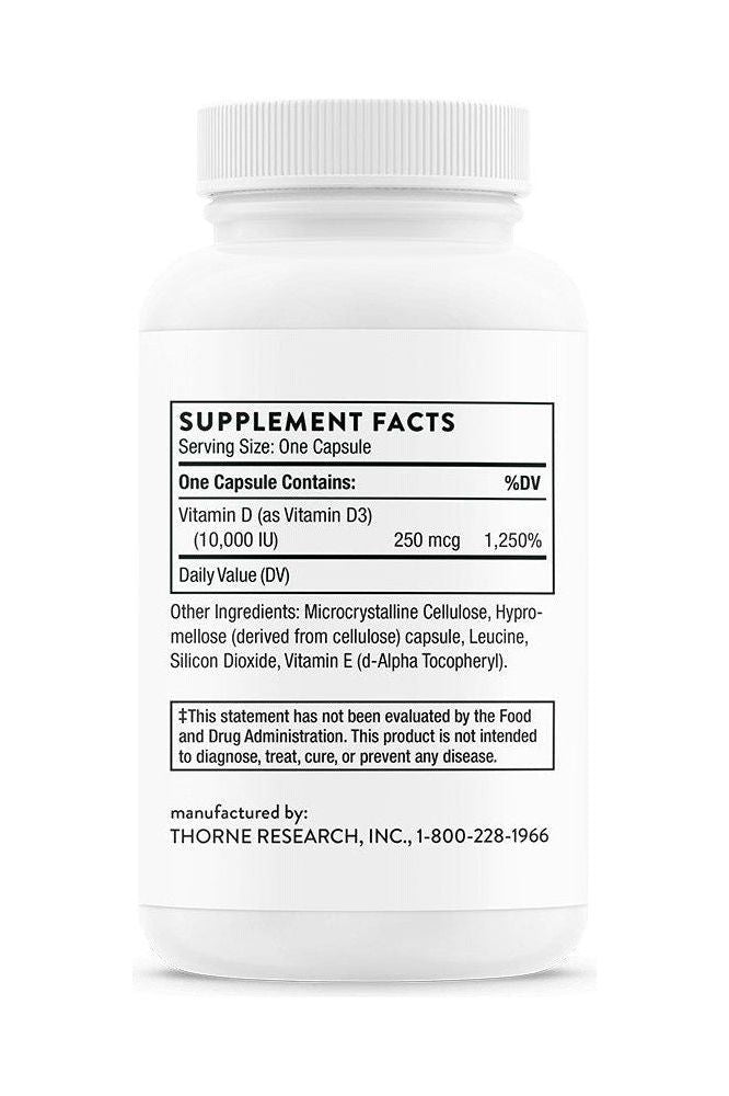 Thorne Vitamin D supplement facts label showing vitamin D content and other ingredients.