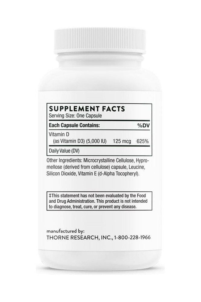 Thorne Vitamin D supplement facts, including dosage and ingredients information for immune support and health.