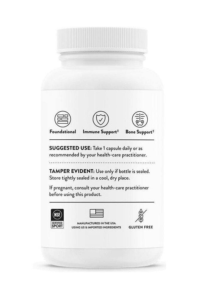 Thorne Vitamin D supplement bottle, highlighting suggested use and benefits for immune and bone support.