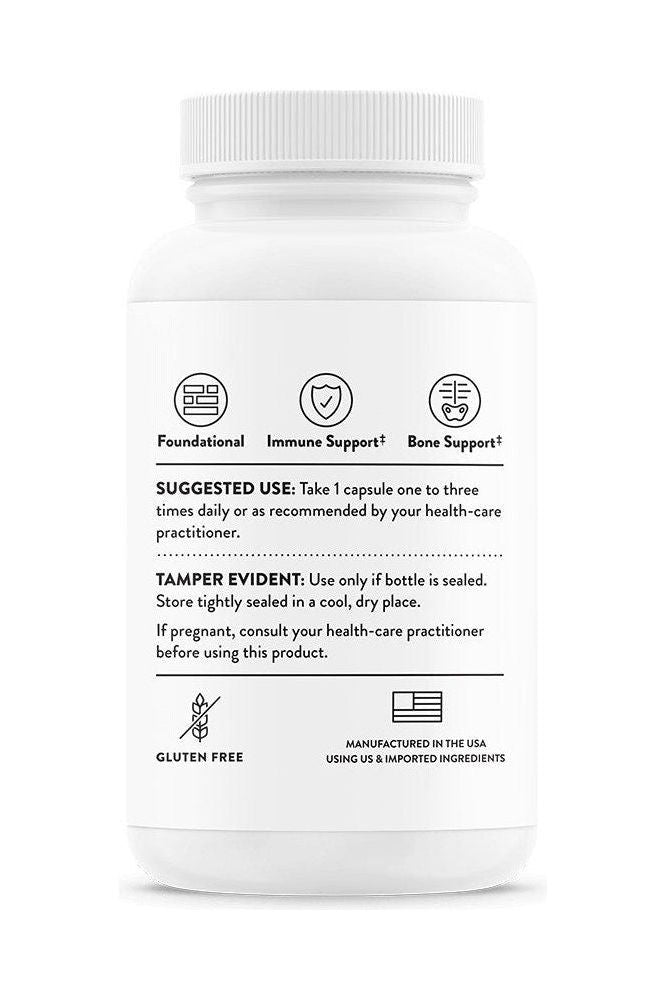 Thorne Vitamin D supplement bottle with usage instructions for immune and bone support.