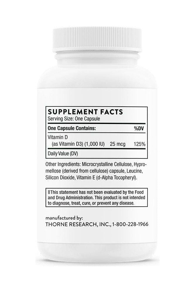 Thorne Vitamin D supplement facts label showing dosage, ingredients, and nutrition information.