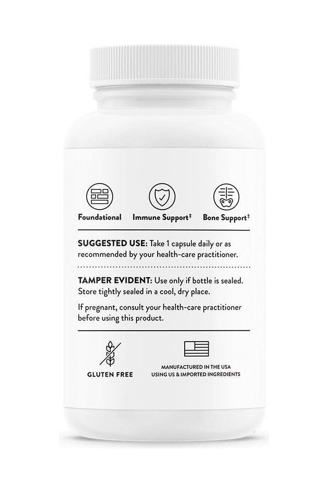 Thorne Vitamin D supplement bottle with suggested use and health benefits for immune and bone support.