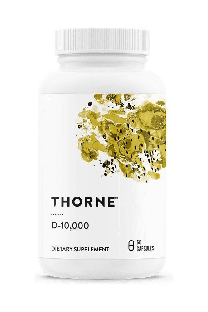 Thorne Vitamin D supplement bottle with 60 capsules, promoting immune support and bone health.