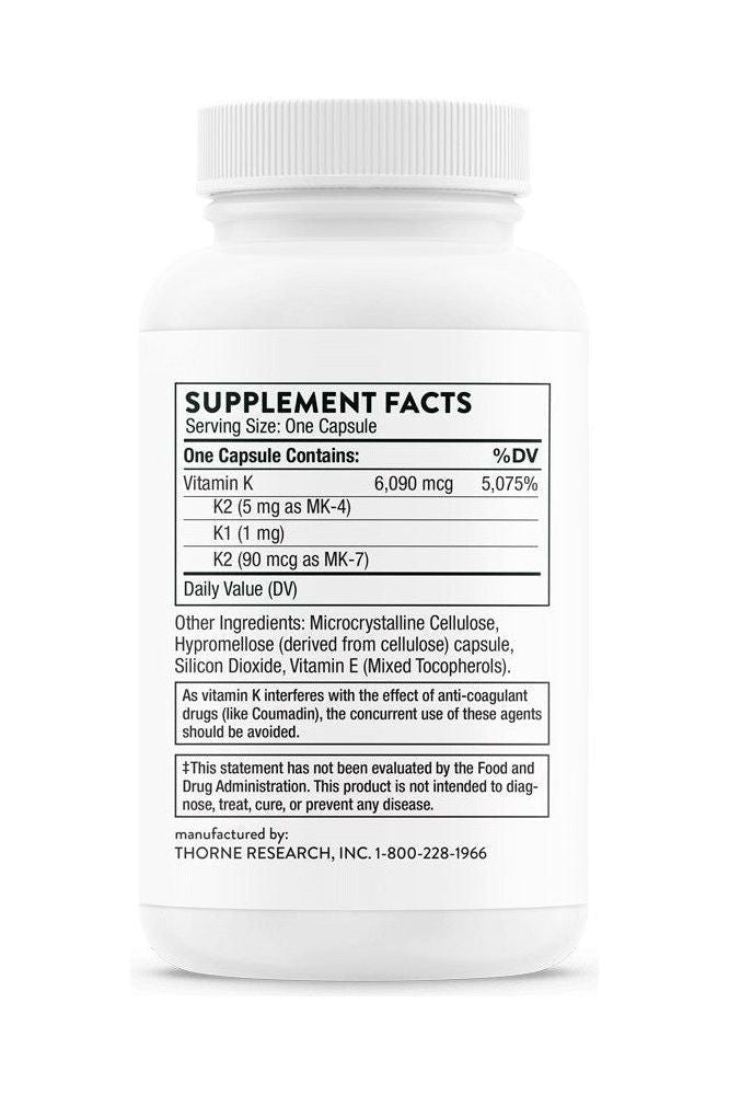 Thorne Vitamin K supplement facts showing benefits for bone health and blood coagulation.