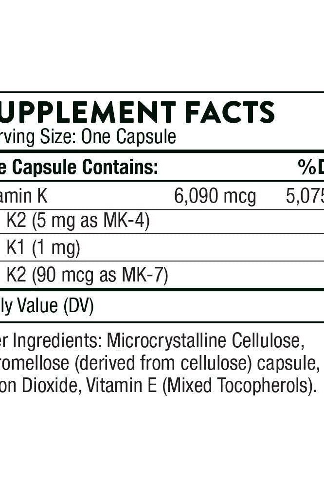 Supplement facts for Thorne Vitamin K, detailing K1 and K2 content and other ingredients.