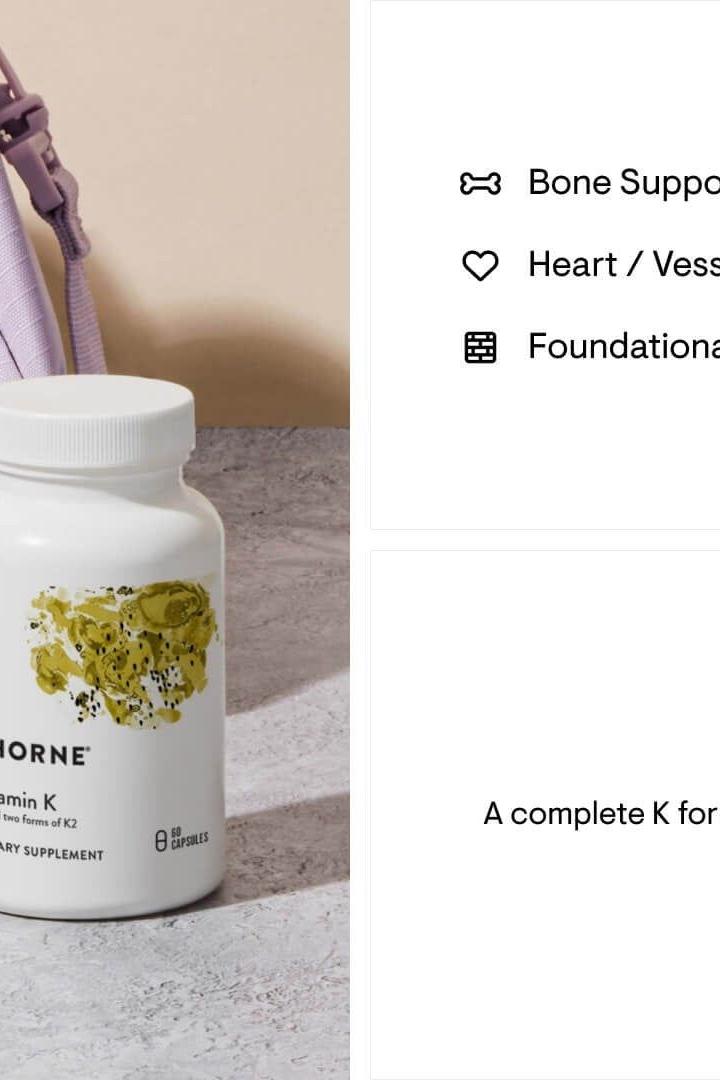 Thorne Vitamin K supplement bottle on a countertop, promoting bone and cardiovascular health.