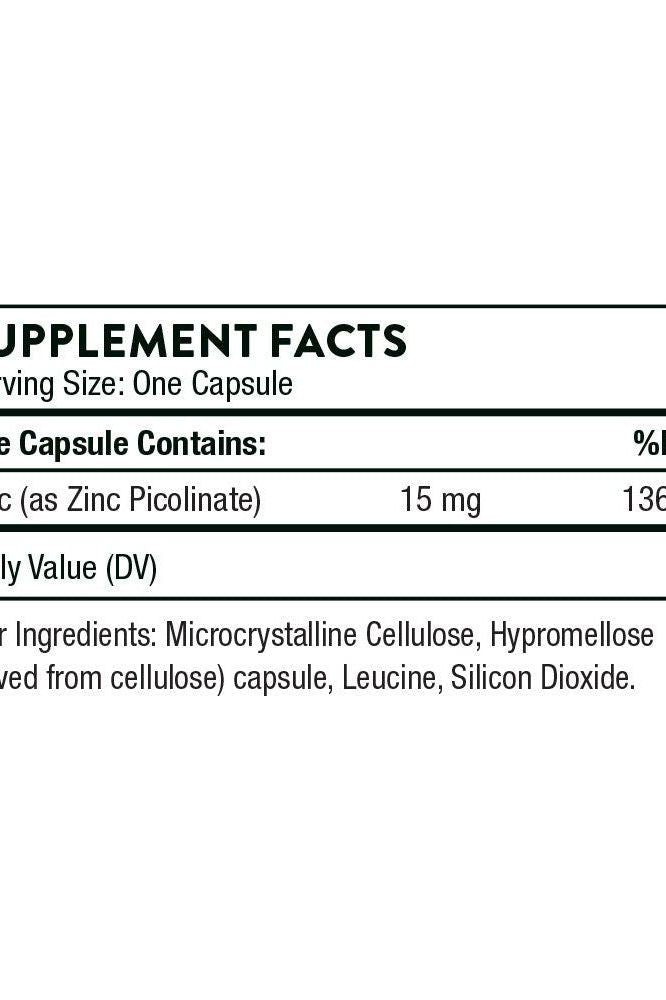 Supplement facts for Thorne Zinc Picolinate 15 mg, detailing ingredients and serving size.