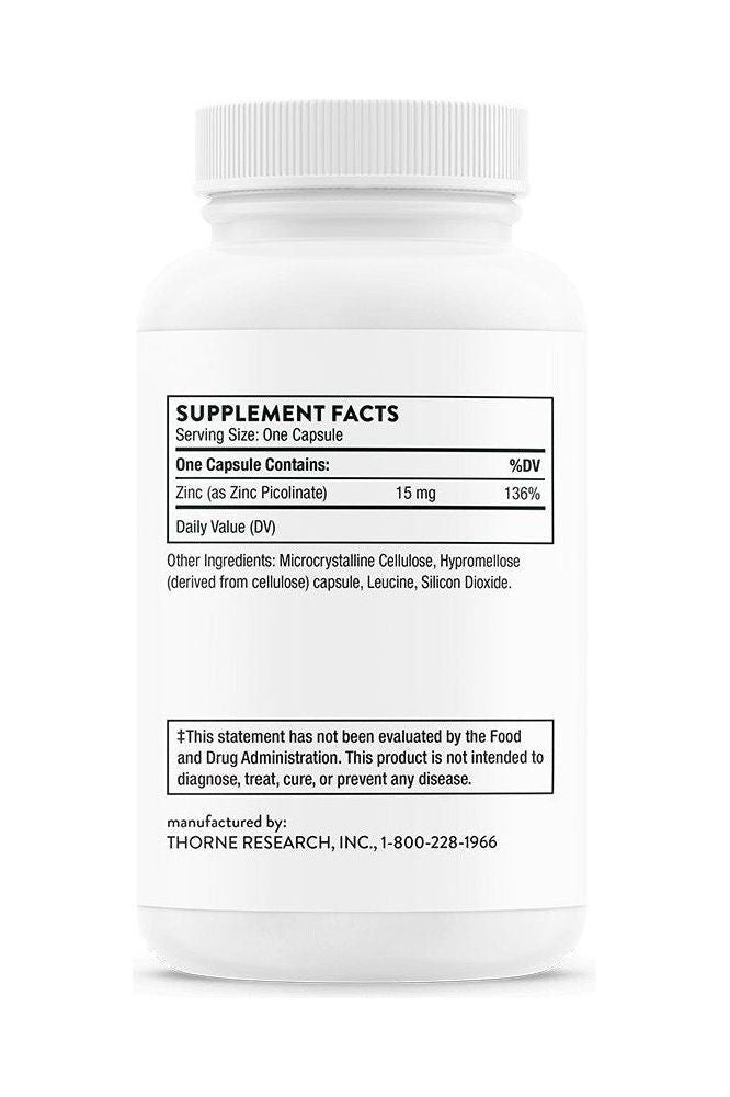 Thorne Zinc Picolinate 15 mg supplement facts label on white container for immune and cognitive support.