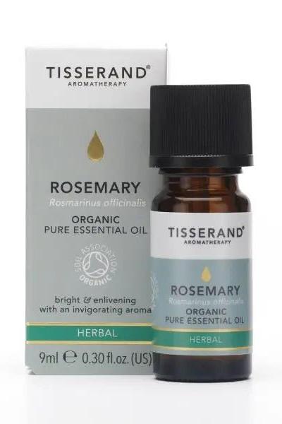 Tisserand Aromatherapy Rosemary Essential Oil 9ml bottle with packaging, promoting herbal benefits.
