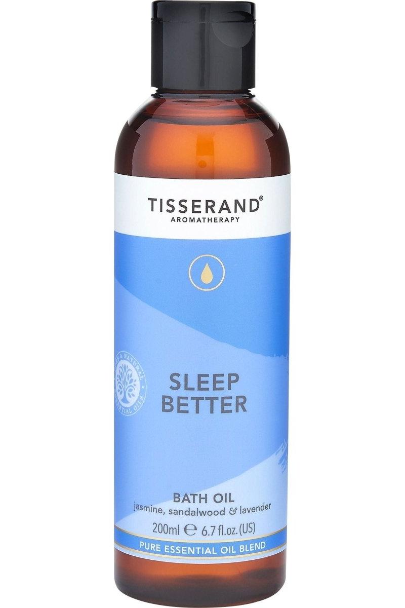 Tisserand Aromatherapy Sleep Better Bath Oil with jasmine, sandalwood, and lavender for improved sleep quality.