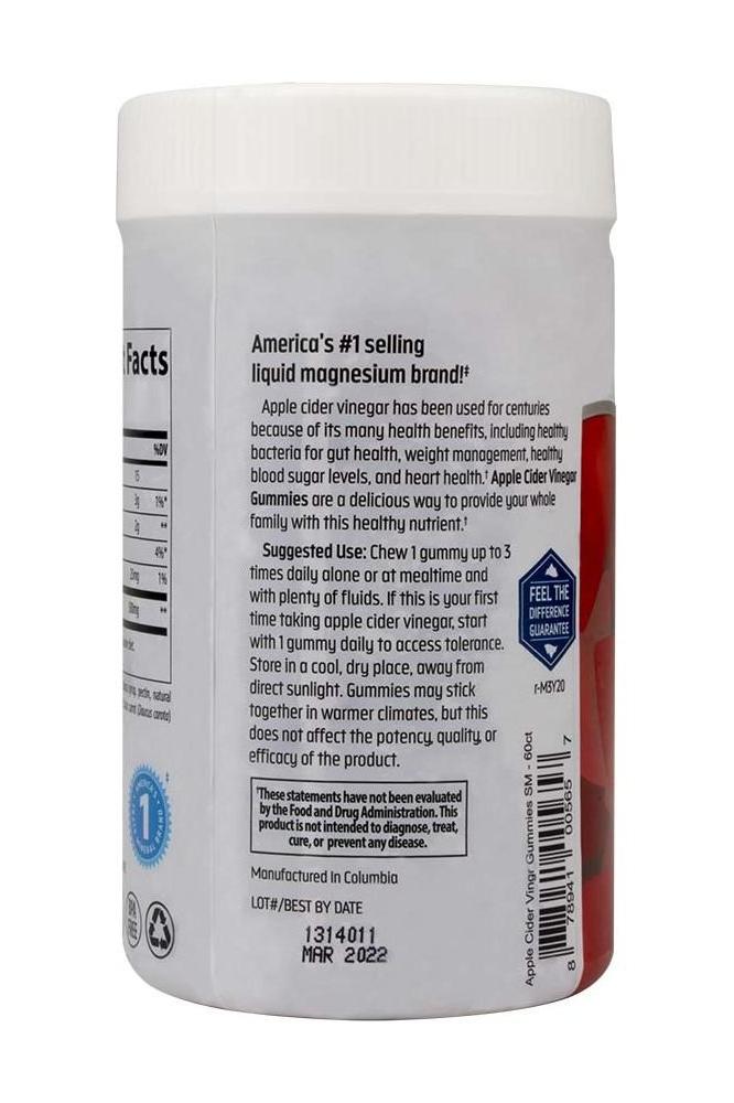 Back of Trace Minerals Apple Cider Vinegar Gummies packaging with nutritional facts and usage instructions.