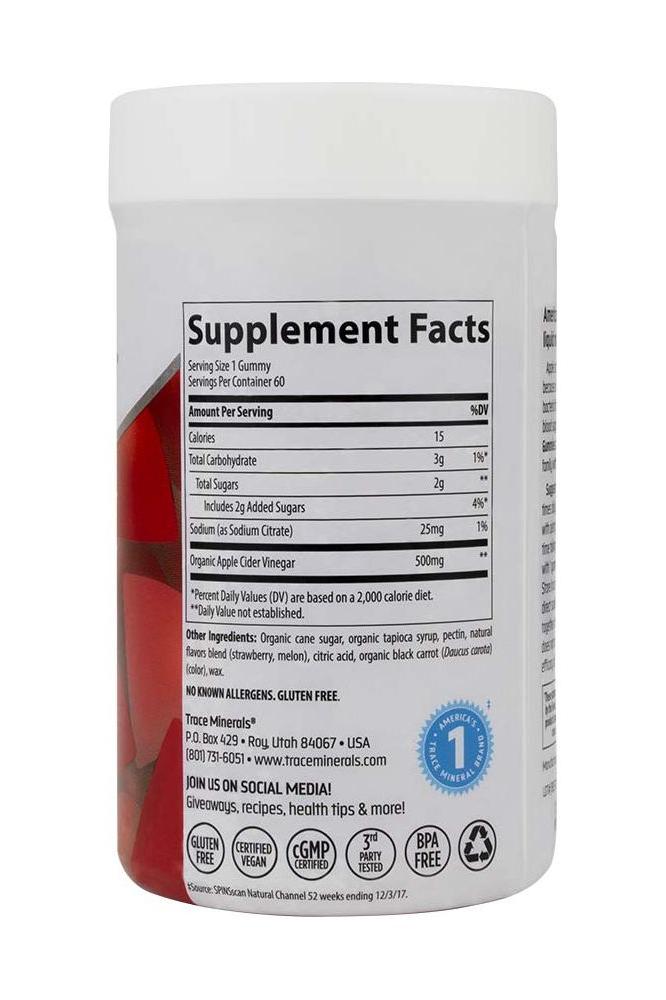 Supplement facts for Trace Minerals Apple Cider Vinegar Gummies, showing nutrition info and ingredients.