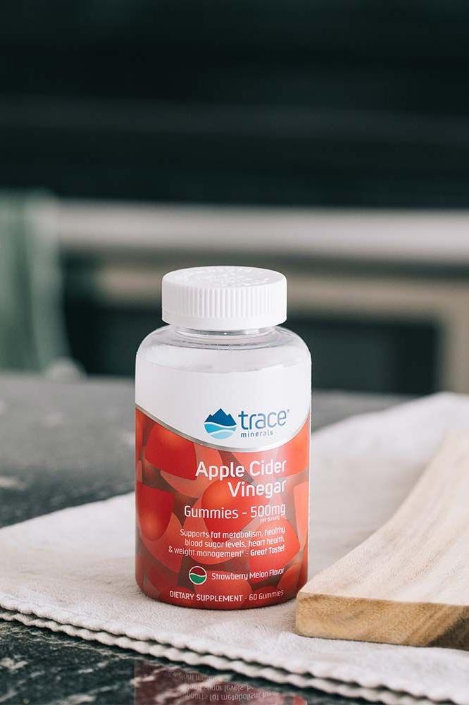 Trace Minerals Apple Cider Vinegar Gummies in a bottle, 500mg, flavored with strawberry watermelon.
