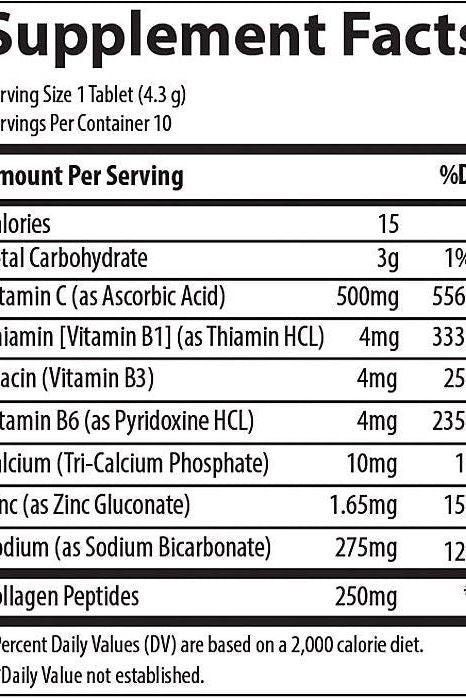Supplement facts label for Trace Minerals Collagen Effervescent, detailing nutrients per tablet.