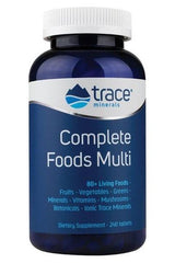 Trace Minerals Complete Foods Multi supplement bottle, contains 80+ living foods, vitamins, minerals, and ionic trace minerals.