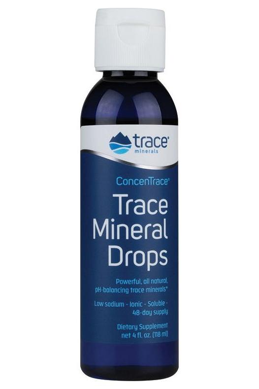 Trace Minerals ConcenTrace Trace Mineral Drops bottle, 4 fl oz, natural dietary supplement with over 72 trace minerals, low sodium.