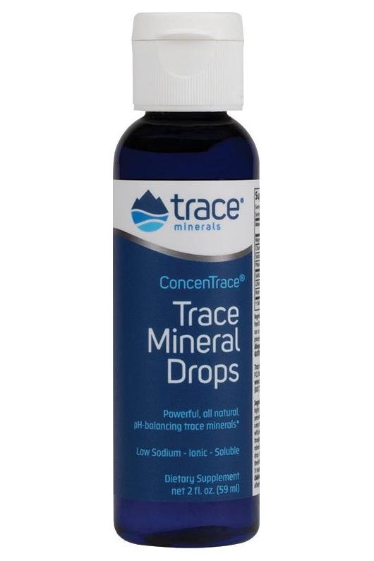 Trace Minerals ConcenTrace Trace Mineral Drops bottle, vegan dietary supplement with 72 trace minerals and low sodium.