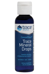 Trace Minerals ConcenTrace Trace Mineral Drops bottle, vegan dietary supplement with 72 trace minerals and low sodium.