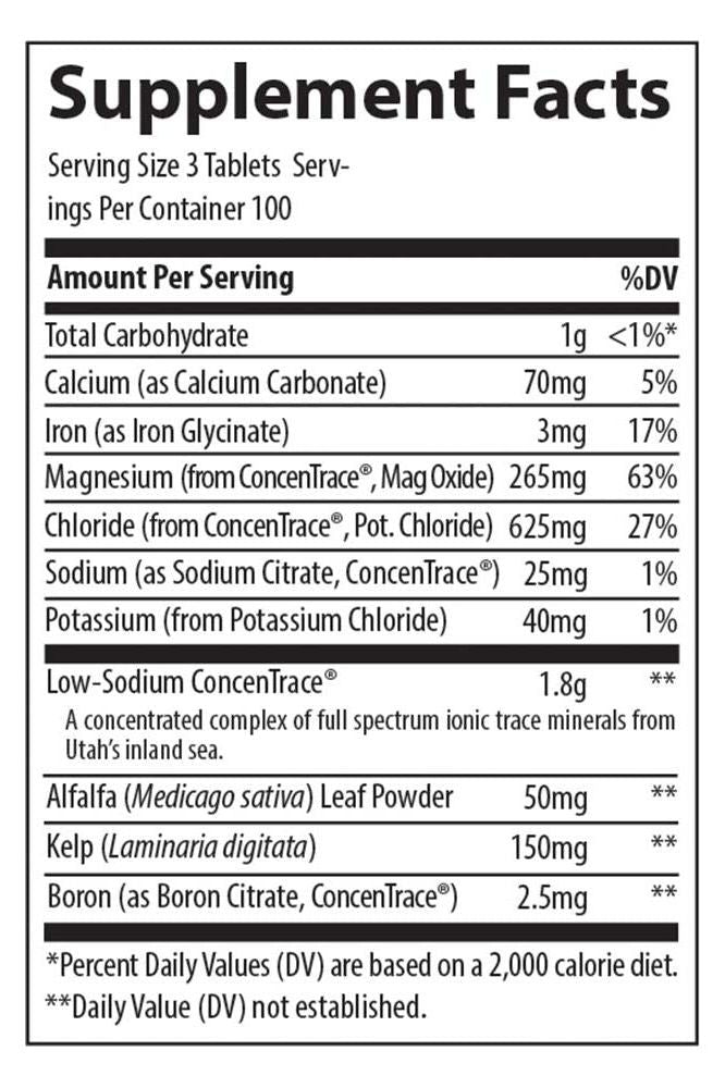 Supplement facts for Trace Minerals ConcenTrace Trace Mineral Tablets, detailing nutrients per serving and their contents.